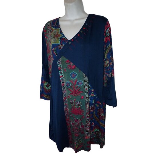 Parsley & Sage Art Mixed Blues Boho Long Tunic Shirt Women L retro Hippie Casual - Picture 2 of 6